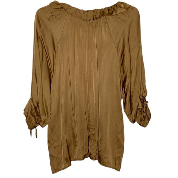 Sofia Made in Italy Brown Satin Flowy Peasant Blouse Boho OS Hippie Pleated - Picture 2 of 8